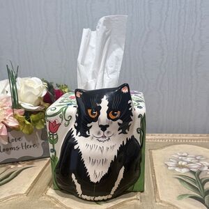 Cats by Nina Kitty Cat Floral Ceramic Tissue Box Cover Whimsical Artsy Unique